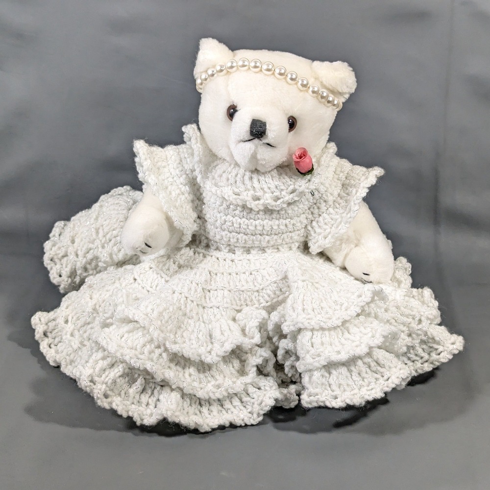 White Plush Teddy Bear in Crochet Ruffle Dress Pearl Headband 9 Inch